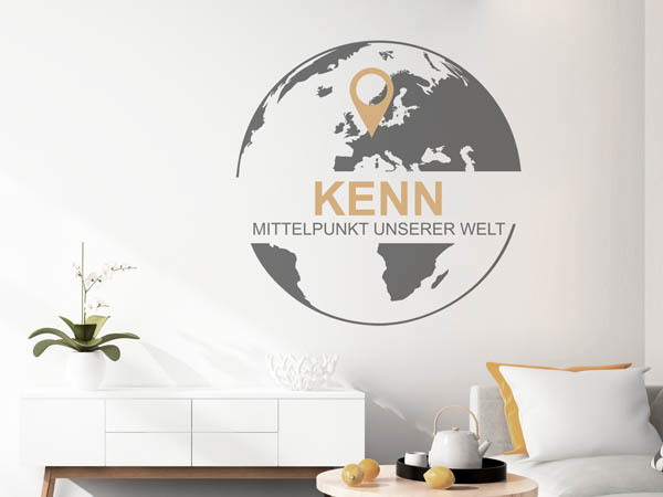 Wandtattoo Kenn - Mittelpunkt unserer Welt mit Pin im Globus