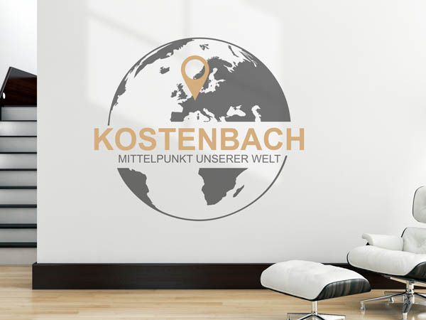 Wandtattoo Kostenbach - Mittelpunkt unserer Welt mit Pin im Globus