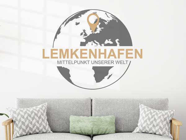Wandtattoo Lemkenhafen - Mittelpunkt unserer Welt mit Pin im Globus