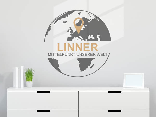Wandtattoo Linner - Mittelpunkt unserer Welt mit Pin im Globus