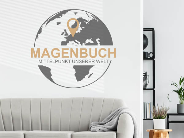 Wandtattoo Magenbuch - Mittelpunkt unserer Welt mit Pin im Globus