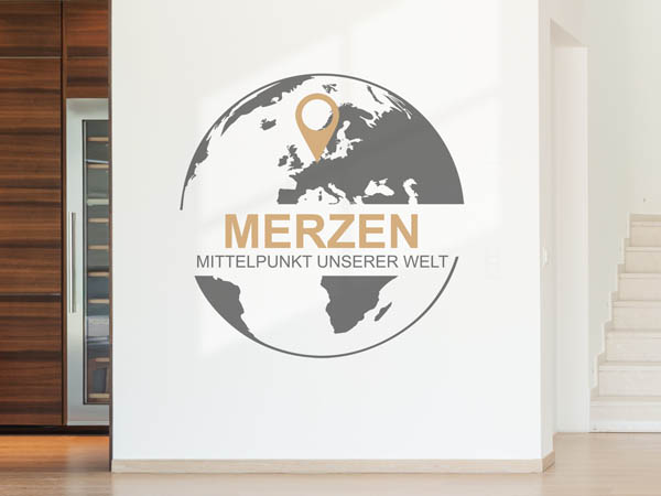 Wandtattoo Merzen - Mittelpunkt unserer Welt mit Pin im Globus