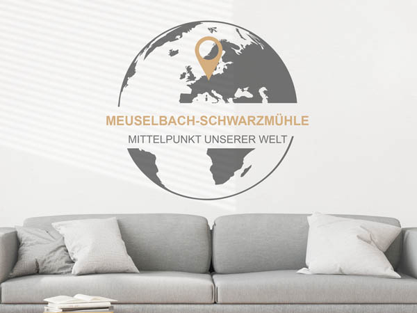 Wandtattoo Meuselbach-Schwarzmühle - Mittelpunkt unserer Welt mit Pin im Globus
