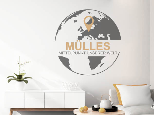 Wandtattoo Mülles - Mittelpunkt unserer Welt mit Pin im Globus