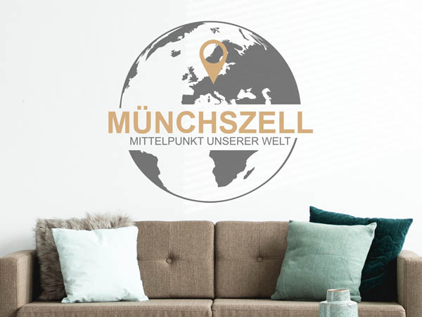 Wandtattoo Münchszell - Mittelpunkt unserer Welt mit Pin im Globus