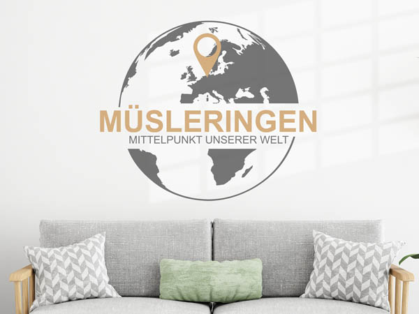 Wandtattoo Müsleringen - Mittelpunkt unserer Welt mit Pin im Globus