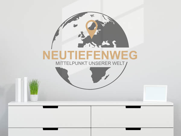 Wandtattoo Neutiefenweg - Mittelpunkt unserer Welt mit Pin im Globus