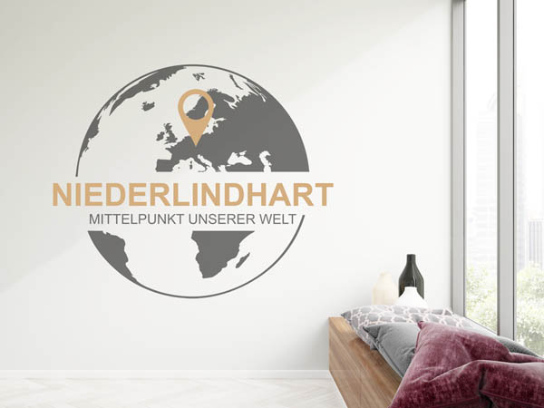 Wandtattoo Niederlindhart - Mittelpunkt unserer Welt mit Pin im Globus