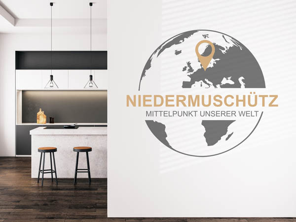 Wandtattoo Niedermuschütz - Mittelpunkt unserer Welt mit Pin im Globus