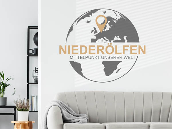 Wandtattoo Niederölfen - Mittelpunkt unserer Welt mit Pin im Globus