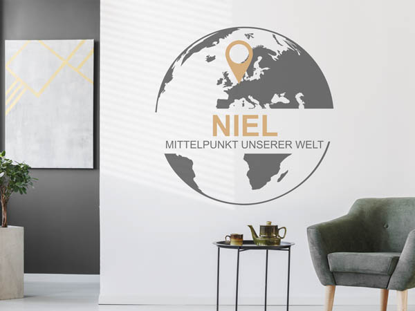 Wandtattoo Niel - Mittelpunkt unserer Welt mit Pin im Globus