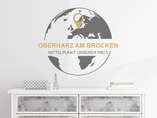 Wandtattoo Oberharz am Brocken - Mittelpunkt unserer Welt mit Pin im Globus