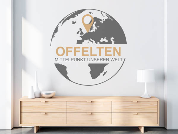 Wandtattoo Offelten - Mittelpunkt unserer Welt mit Pin im Globus