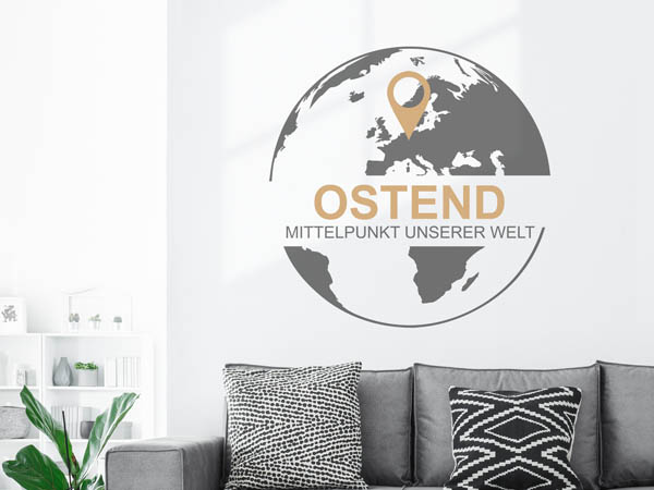 Wandtattoo Ostend - Mittelpunkt unserer Welt mit Pin im Globus