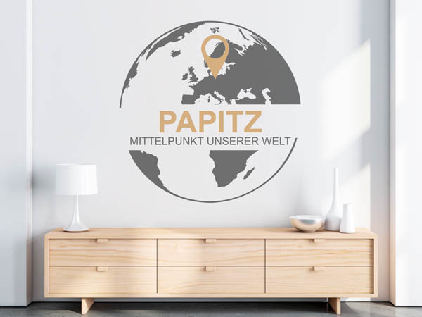 Wandtattoo Papitz - Mittelpunkt unserer Welt mit Pin im Globus