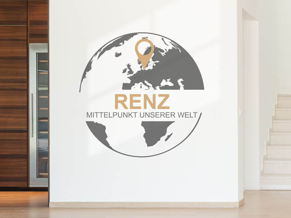 Wandtattoo Renz - Mittelpunkt unserer Welt mit Pin im Globus