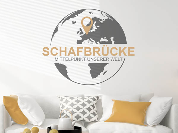 Wandtattoo Schafbrücke - Mittelpunkt unserer Welt mit Pin im Globus