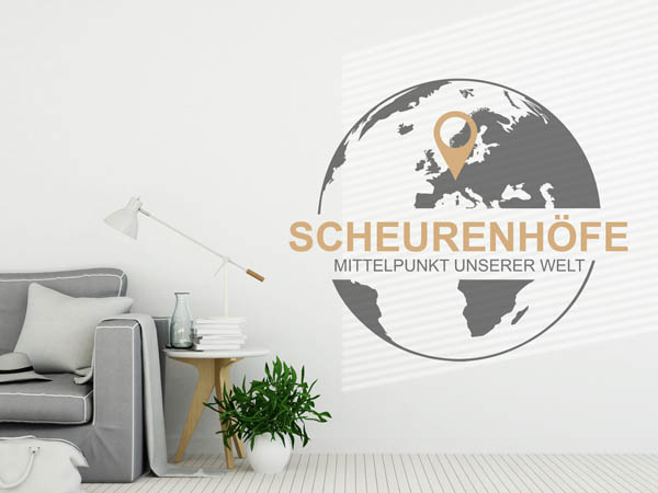 Wandtattoo Scheurenhöfe - Mittelpunkt unserer Welt mit Pin im Globus