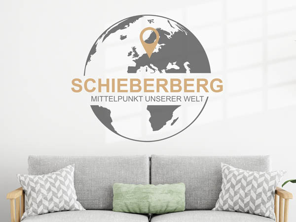 Wandtattoo Schieberberg - Mittelpunkt unserer Welt mit Pin im Globus