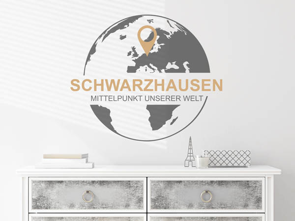 Wandtattoo Schwarzhausen - Mittelpunkt unserer Welt mit Pin im Globus