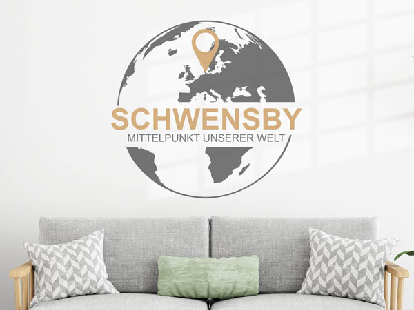 Wandtattoo Schwensby - Mittelpunkt unserer Welt mit Pin im Globus