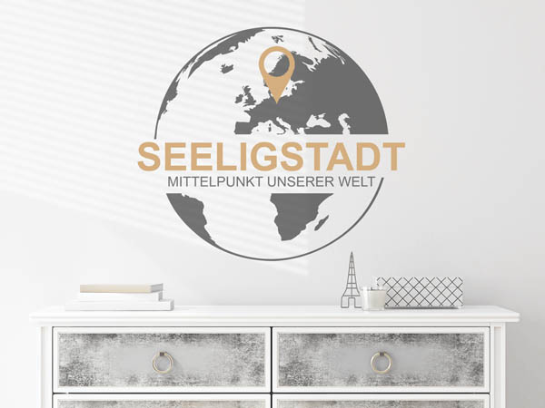 Wandtattoo Seeligstadt - Mittelpunkt unserer Welt mit Pin im Globus