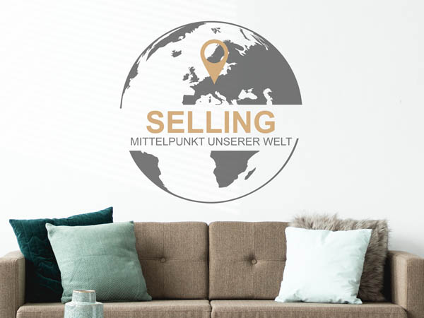 Wandtattoo Selling - Mittelpunkt unserer Welt mit Pin im Globus