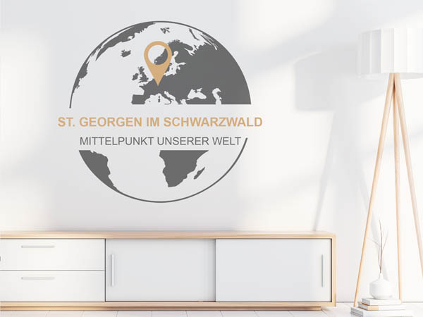 Wandtattoo St. Georgen im Schwarzwald - Mittelpunkt unserer Welt mit Pin im Globus