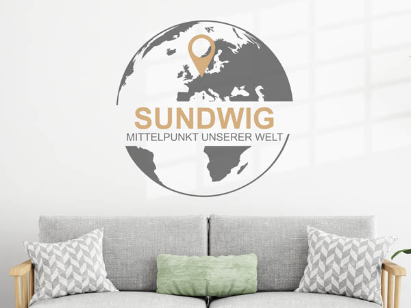 Wandtattoo Sundwig - Mittelpunkt unserer Welt mit Pin im Globus