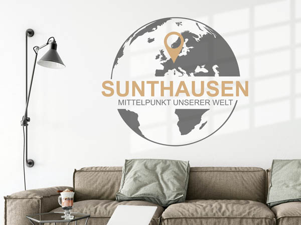 Wandtattoo Sunthausen - Mittelpunkt unserer Welt mit Pin im Globus