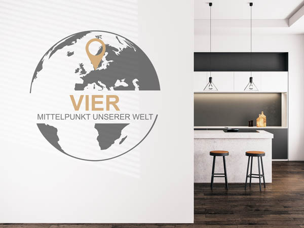 Wandtattoo Vier - Mittelpunkt unserer Welt mit Pin im Globus