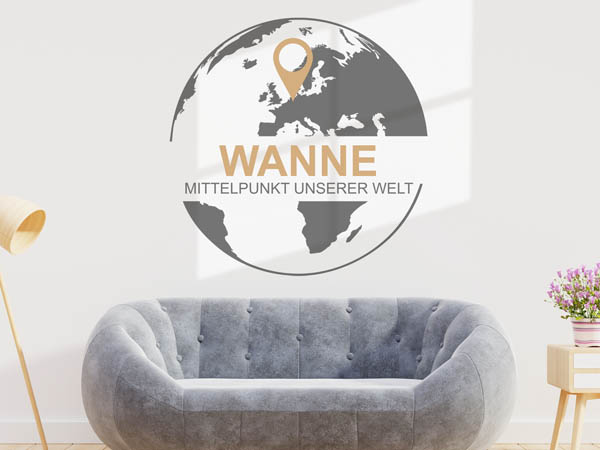 Wandtattoo Wanne - Mittelpunkt unserer Welt mit Pin im Globus