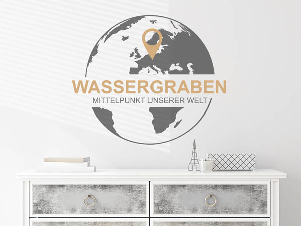 Wandtattoo Wassergraben - Mittelpunkt unserer Welt mit Pin im Globus