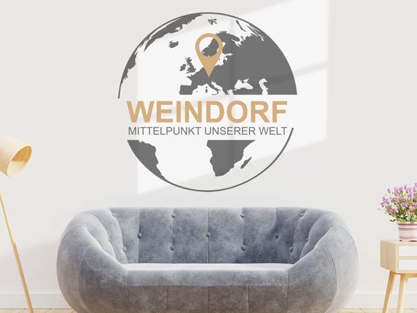 Wandtattoo Weindorf - Mittelpunkt unserer Welt mit Pin im Globus