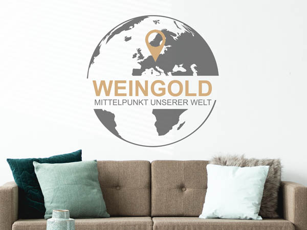 Wandtattoo Weingold - Mittelpunkt unserer Welt mit Pin im Globus