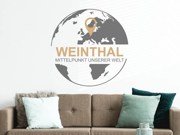Wandtattoo Weinthal - Mittelpunkt unserer Welt mit Pin im Globus