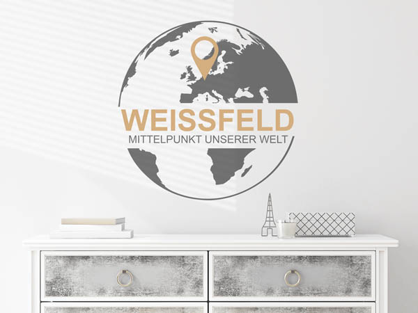 Wandtattoo Weissfeld - Mittelpunkt unserer Welt mit Pin im Globus