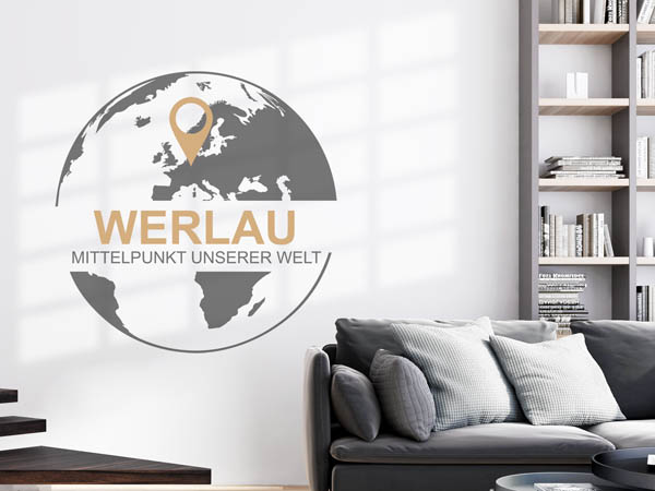 Wandtattoo Werlau - Mittelpunkt unserer Welt mit Pin im Globus