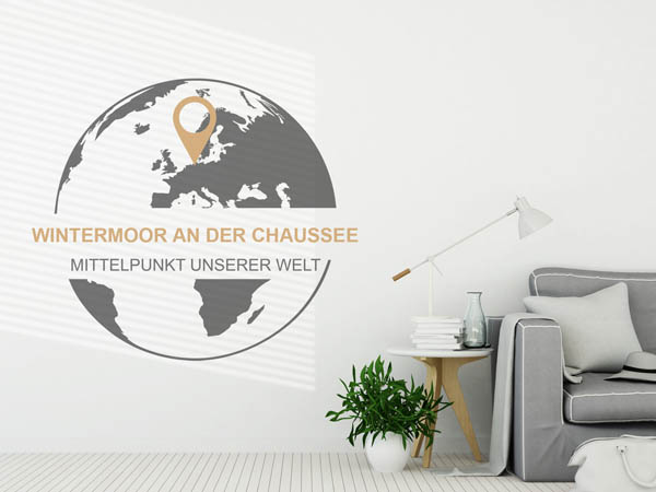 Wandtattoo Wintermoor an der Chaussee - Mittelpunkt unserer Welt mit Pin im Globus