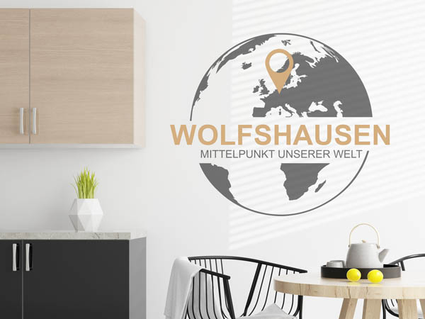 Wandtattoo Wolfshausen - Mittelpunkt unserer Welt mit Pin im Globus