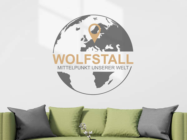 Wandtattoo Wolfstall - Mittelpunkt unserer Welt mit Pin im Globus