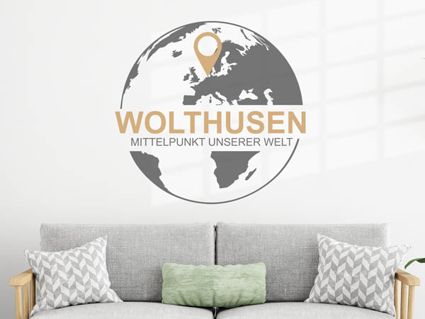Wandtattoo Wolthusen - Mittelpunkt unserer Welt mit Pin im Globus