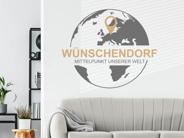 Wandtattoo Wünschendorf - Mittelpunkt unserer Welt mit Pin im Globus