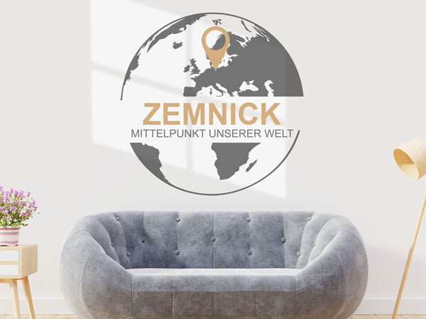 Wandtattoo Zemnick - Mittelpunkt unserer Welt mit Pin im Globus