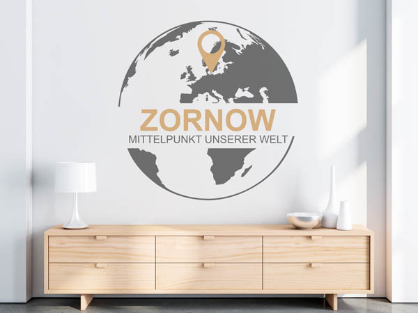 Wandtattoo Zornow - Mittelpunkt unserer Welt mit Pin im Globus