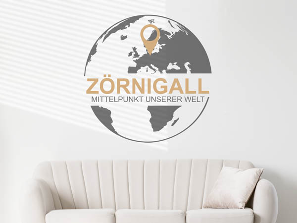 Wandtattoo Zörnigall - Mittelpunkt unserer Welt mit Pin im Globus