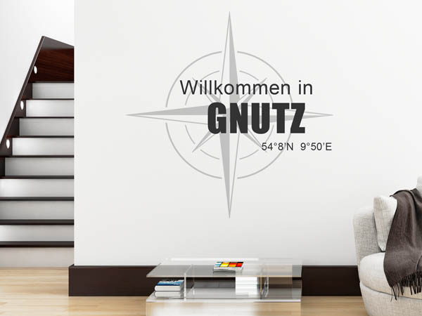 Wandtattoo Willkommen in Gnutz mit den Koordinaten 54°8'N 9°50'E
