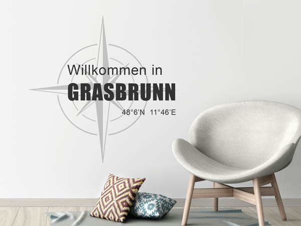 Wandtattoo Willkommen in Grasbrunn mit den Koordinaten 48°6'N 11°46'E