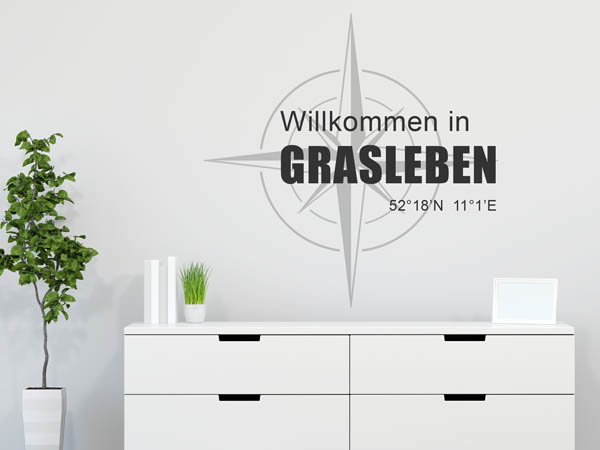 Wandtattoo Willkommen in Grasleben mit den Koordinaten 52°18'N 11°1'E