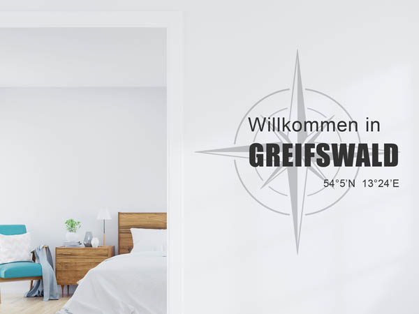 Wandtattoo Willkommen in Greifswald mit den Koordinaten 54°5'N 13°24'E